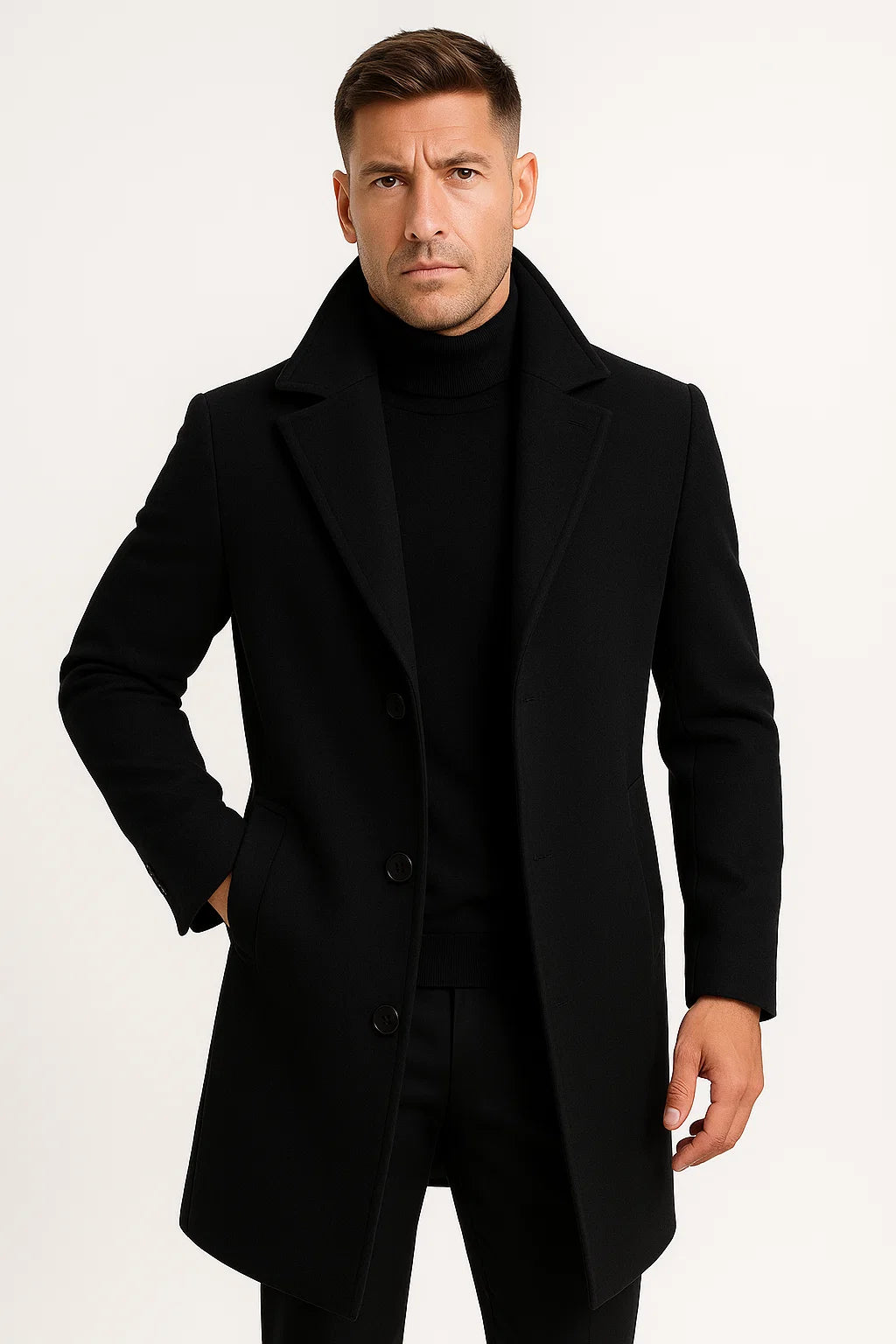 Men's Trench Coat Premium Fabric Mid-Length Notch Lapel Winter Coat