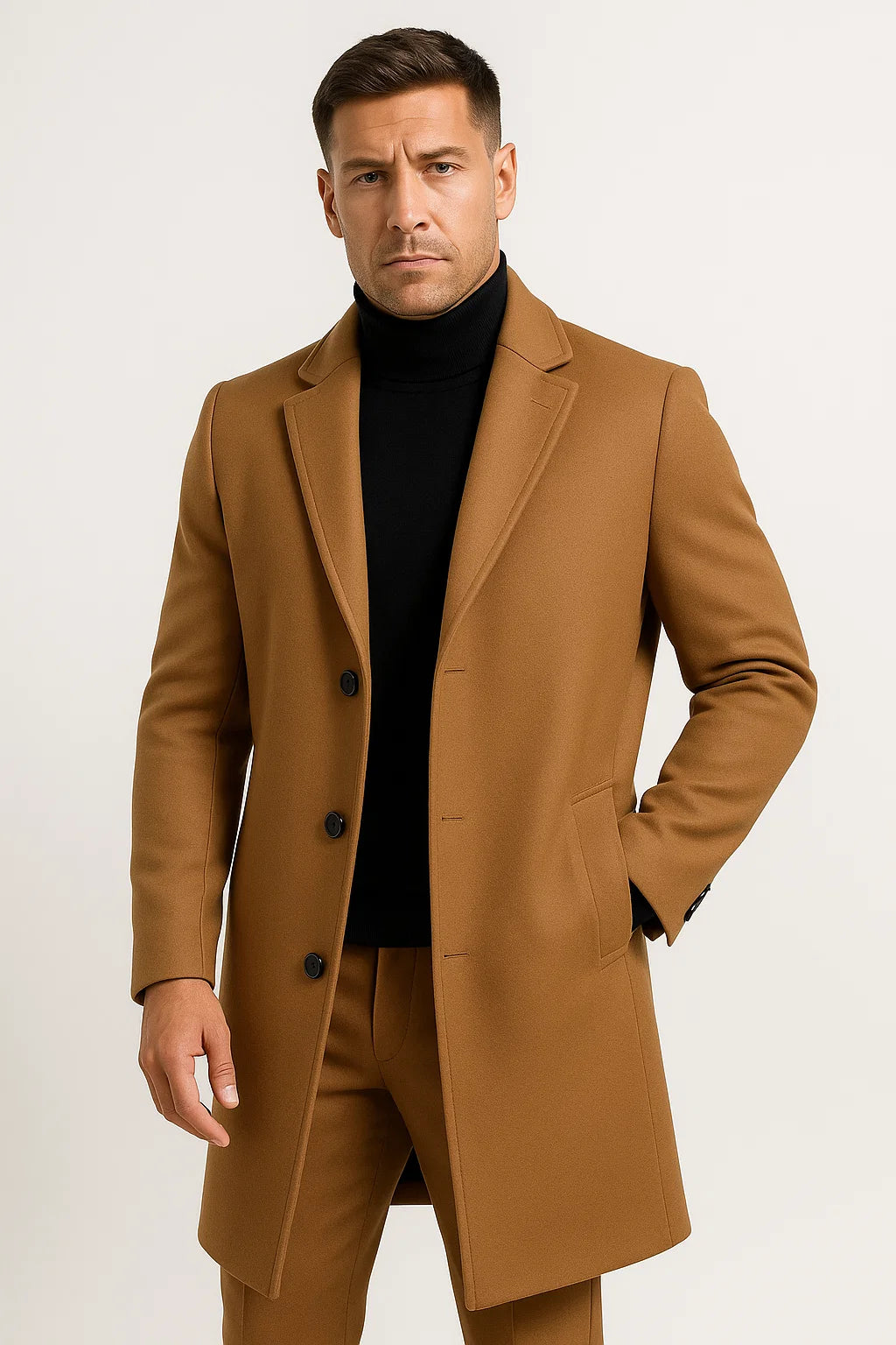 Men's Trench Coat Premium Fabric Mid-Length Notch Lapel Winter Coat