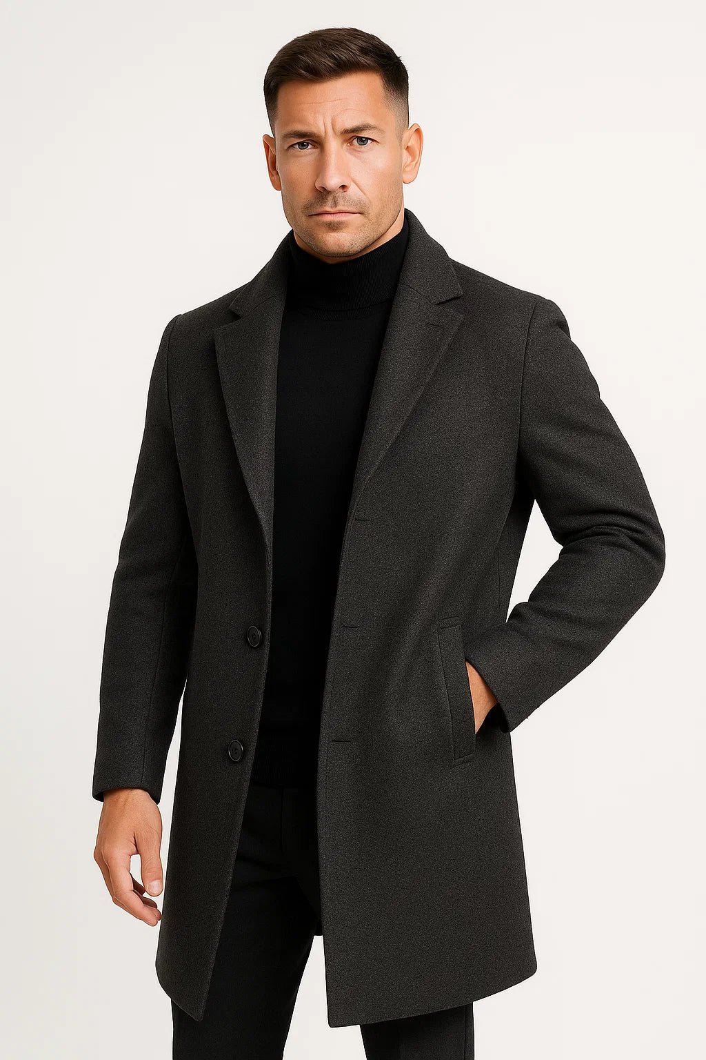Men's Trench Coat Premium Fabric Mid-Length Notch Lapel Winter Coat