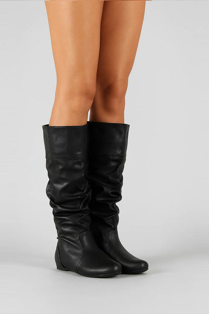 Women's Black Knee High Boots Synthetic Slouchy Design with Low Heel
