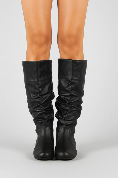 Women's Black Knee High Boots Synthetic Slouchy Design with Low Heel