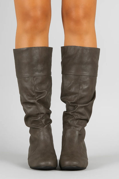 Women's Black Knee High Boots Synthetic Slouchy Design with Low Heel